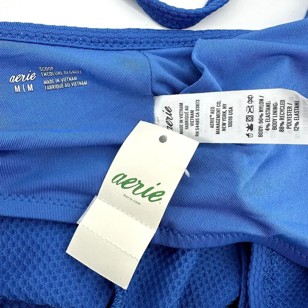 Aerie Textured Bikini Top Padded Scoop Adjustable Strap Baja Blue Medium NWT